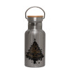 Stainless steel metallic thermos flask, silver with a bamboo lid, double-walled, 350ml.