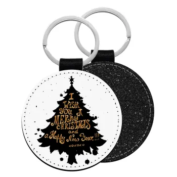 Tree, i wish you a merry christmas and a Happy New Year!!! xoxoxo, Μπρελόκ Δερματίνη, στρογγυλό ΜΑΥΡΟ (5cm)