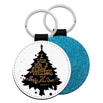 Tree, i wish you a merry christmas and a Happy New Year!!! xoxoxo, Μπρελόκ Δερματίνη, στρογγυλό ΜΠΛΕ (5cm)