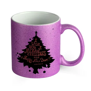 Tree, i wish you a merry christmas and a Happy New Year!!! xoxoxo, Κούπα Μωβ Glitter που γυαλίζει, κεραμική, 330ml