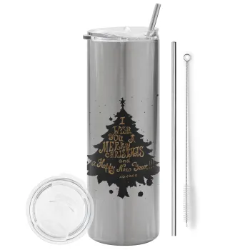 Tree, i wish you a merry christmas and a Happy New Year!!! xoxoxo, Tumbler ποτήρι θερμό Ασημένιο από ανοξείδωτο ατσάλι 600ml, με μεταλλικό καλαμάκι & βούρτσα καθαρισμού