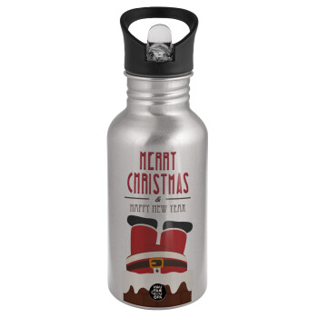 Merry christmas chimney, Water bottle Silver with straw, stainless steel 500ml