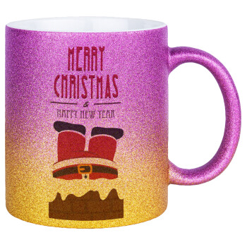 Merry christmas chimney, Κούπα Χρυσή/Ροζ Glitter, κεραμική, 330ml