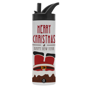 Merry christmas chimney, Μεταλλικό παγούρι θερμός με καλαμάκι & χειρολαβή, ανοξείδωτο ατσάλι (Stainless steel 304), διπλού τοιχώματος, 600ml