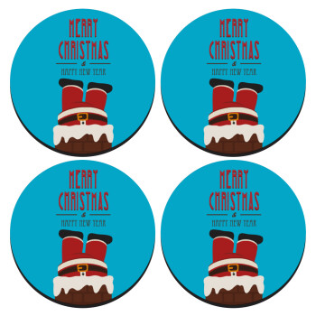 Merry christmas chimney, ΣΕΤ 4 Σουβέρ ξύλινα στρογγυλά (9cm)