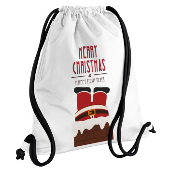 Merry christmas chimney, Τσάντα πλάτης πουγκί GYMBAG λευκή, με τσέπη (40x48cm) & χονδρά κορδόνια