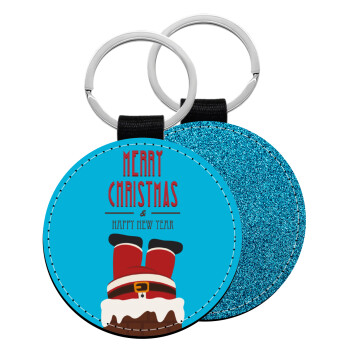 Merry christmas chimney, Μπρελόκ Δερματίνη, στρογγυλό ΜΠΛΕ (5cm)