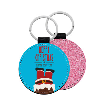 Merry christmas chimney, Μπρελόκ Δερματίνη, στρογγυλό ΡΟΖ (5cm)