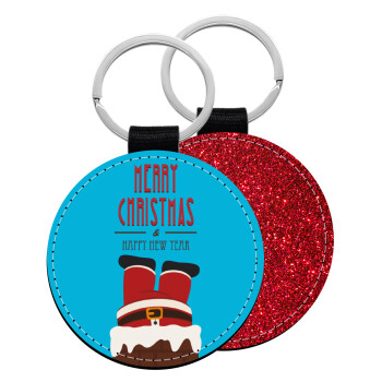 Merry christmas chimney, Μπρελόκ Δερματίνη, στρογγυλό ΚΟΚΚΙΝΟ (5cm)