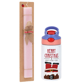 Merry christmas chimney, Πασχαλινό Σετ, Παιδικό παγούρι θερμό, ανοξείδωτο, με καλαμάκι ασφαλείας, ροζ/μωβ (350ml) & πασχαλινή λαμπάδα αρωματική πλακέ (30cm) (ΡΟΖ)