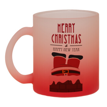 Merry christmas chimney, Κούπα γυάλινη δίχρωμη με βάση το κόκκινο ματ, 330ml
