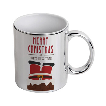 Merry christmas chimney, Κούπα κεραμική, ασημένια καθρέπτης, 330ml
