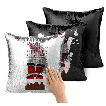 Merry christmas chimney, Μαξιλάρι καναπέ Μαγικό Μαύρο με πούλιες 40x40cm περιέχεται το γέμισμα