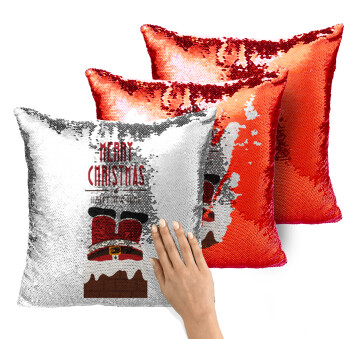 Merry christmas chimney, Μαξιλάρι καναπέ Μαγικό Κόκκινο με πούλιες 40x40cm περιέχεται το γέμισμα