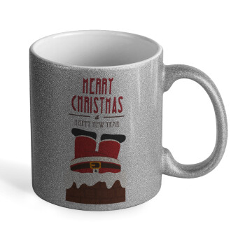 Merry christmas chimney, Κούπα Ασημένια Glitter που γυαλίζει, κεραμική, 330ml