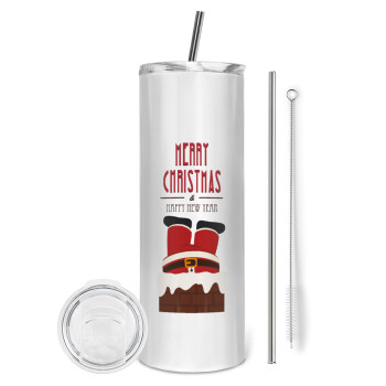 Merry christmas chimney, Tumbler ποτήρι θερμό από ανοξείδωτο ατσάλι 600ml, με μεταλλικό καλαμάκι & βούρτσα καθαρισμού