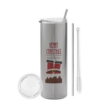 Merry christmas chimney, Eco friendly stainless steel Silver tumbler 600ml, with metal straw & cleaning brush