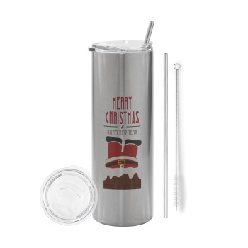 Merry christmas chimney, Tumbler stainless steel Silver 600ml, with metal straw & cleaning brush
