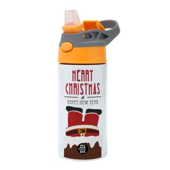Merry christmas chimney, Παιδικό παγούρι θερμό, ανοξείδωτο, με καλαμάκι ασφαλείας, Πορτοκαλί/Γκρι (360ml) BPA-FREE