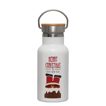 Merry christmas chimney, Metallic thermos (Stainless steel) White with wooden lid (bamboo), double-walled, 350ml