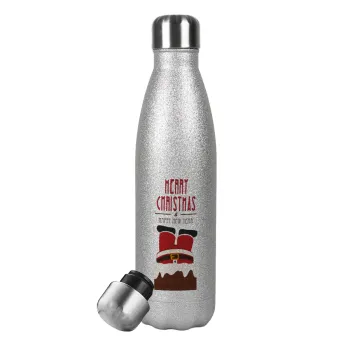 Merry christmas chimney, Metallic Glitter Silver Thermos Flask (Stainless steel), double-walled, 500ml