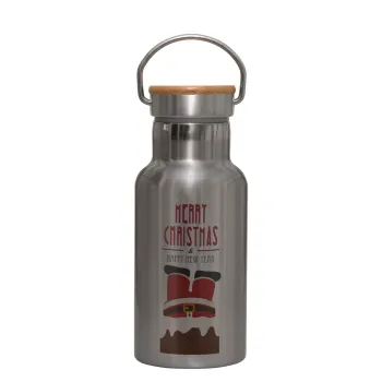 Merry christmas chimney, Stainless steel metallic thermos flask, silver with a bamboo lid, double-walled, 350ml.