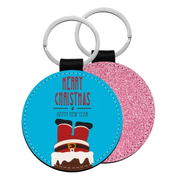 Merry christmas chimney, Μπρελόκ Δερματίνη, στρογγυλό ΡΟΖ (5cm)