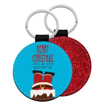 Merry christmas chimney, Μπρελόκ Δερματίνη, στρογγυλό ΚΟΚΚΙΝΟ (5cm)