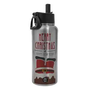 Merry christmas chimney, Metal mug thermo Silver with Straw and Spout Lid (Stainless steel), double wall, 950ml