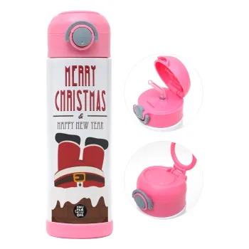 Merry christmas chimney, Παιδικό παγούρι θερμό, ανοξείδωτο, με καλαμάκι ασφαλείας, ΡΟΖ (500ml)