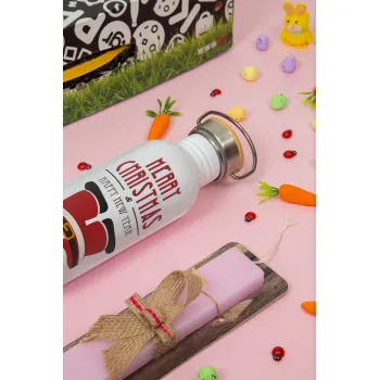 Merry christmas chimney, Πασχαλινή Λαμπάδα με παγούρι μεταλλικό (620ml, stainless steel) & κερί αρωματικό πλακέ (30cm) (ΡΟΖ)