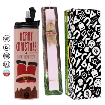 Merry christmas chimney, Πασχαλινή Λαμπάδα με  ΡΟΖ Travel Tumbler θερμό (600ml, BPA free) & κερί αρωματικό πλακέ (30cm) (ΡΟΖ)
