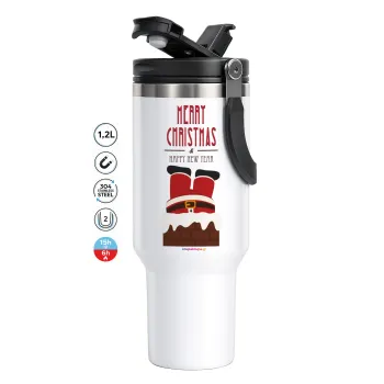 Merry christmas chimney, Mega Tumbler με καπάκι, διπλού τοιχώματος (θερμό) 1,2L