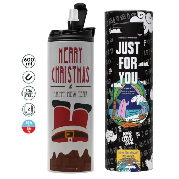 Merry christmas chimney, Tumbler ποτήρι θερμό ΓΚΡΙ από ανοξείδωτο ατσάλι 600ml