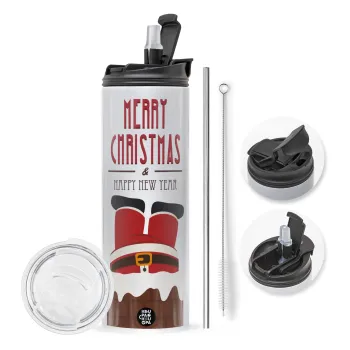 Merry christmas chimney, Travel Tumbler 2 Lids, with metal straw & cleaning brush (Stainless steel 304 Food grade, BPA free, 600ml)