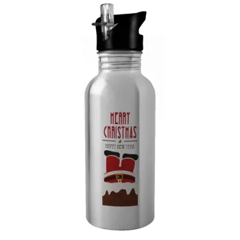 Merry christmas chimney, Water bottle Silver with straw, stainless steel 600ml