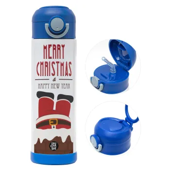 Merry christmas chimney, Παιδικό παγούρι θερμό, ανοξείδωτο, με καλαμάκι ασφαλείας, ΜΠΛΕ (500ml)