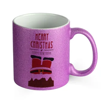 Merry christmas chimney, Κούπα Μωβ Glitter που γυαλίζει, κεραμική, 330ml