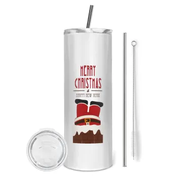 Merry christmas chimney, Tumbler ποτήρι θερμό από ανοξείδωτο ατσάλι 600ml, με μεταλλικό καλαμάκι & βούρτσα καθαρισμού