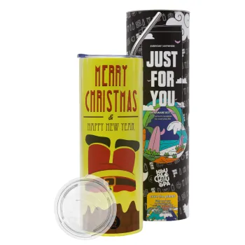 Merry christmas chimney, Neon Yellow Travel Tumbler θερμό, μεταλλικό καλαμάκι(Ανωξείδωτο 304 Food grade, BPA free, 600ml)