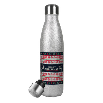 Merry Christmas Vintage, Μεταλλικό παγούρι θερμός Glitter Aσημένιο (Stainless steel), διπλού τοιχώματος, 500ml