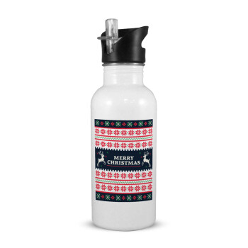 Merry Christmas Vintage, White water bottle with straw, stainless steel 600ml