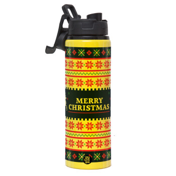 Merry Christmas Vintage, Μεταλλικό παγούρι νερού με καπάκι ασφαλείας, αλουμινίου 850ml