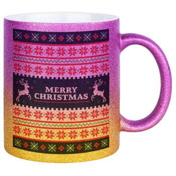 Merry Christmas Vintage, Κούπα Χρυσή/Ροζ Glitter, κεραμική, 330ml