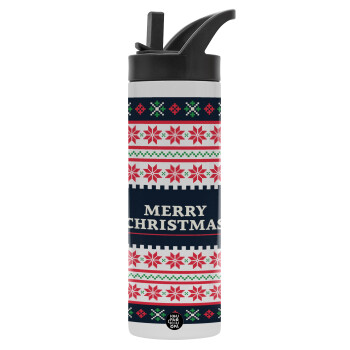 Merry Christmas Vintage, Μεταλλικό παγούρι θερμός με καλαμάκι & χειρολαβή, ανοξείδωτο ατσάλι (Stainless steel 304), διπλού τοιχώματος, 600ml