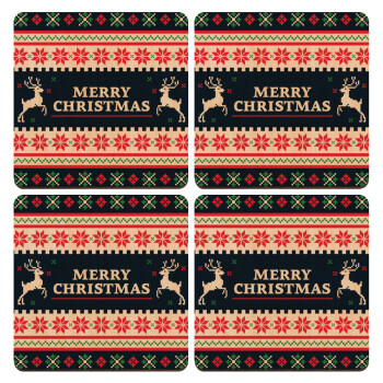 Merry Christmas Vintage, ΣΕΤ x4 Σουβέρ ξύλινα τετράγωνα plywood (9cm)