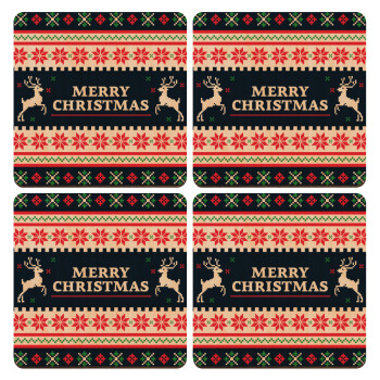 Merry Christmas Vintage, ΣΕΤ x4 Σουβέρ ξύλινα τετράγωνα plywood (9cm)