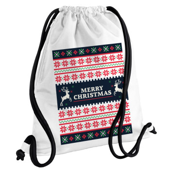 Merry Christmas Vintage, Τσάντα πλάτης πουγκί GYMBAG λευκή, με τσέπη (40x48cm) & χονδρά κορδόνια