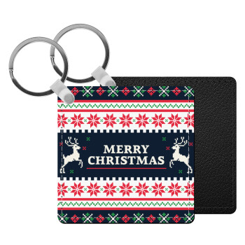 Merry Christmas Vintage, Μπρελόκ Δερματίνη, τετράγωνο ΜΑΥΡΟ (5x5cm)