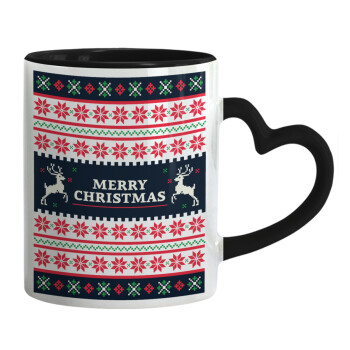 Merry Christmas Vintage, Κούπα καρδιά χερούλι μαύρη, κεραμική, 330ml